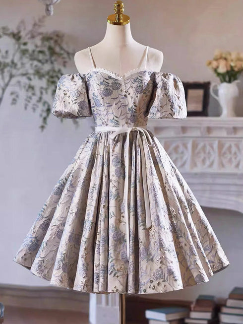 Floral Satin A-line Knee Length Short Sleeves Party Dress, Floral Homecoming Dress